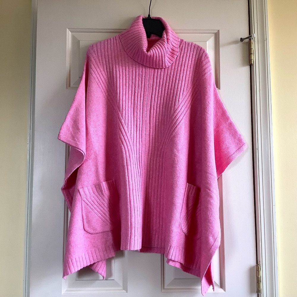 Isaac Mizrahi Cotton Blend Cowl Neck Sweater Poncho Heather Begonia SZ M/L